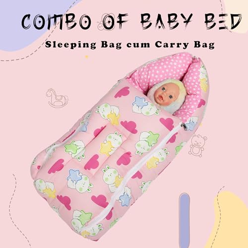 Image of VOIDROP Printed Pink 3 in 1 Baby Sleeping Bag & Carry Nest | Cotton Bedding Set for Infants & New Born Baby | Portable /Travel & Skin Friendly | 0-6 Months
