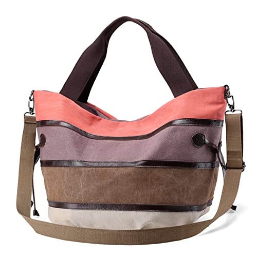 Image of Women Shoulder Bag Large Canvas Handbag Multi-Color Striped Crossbody Bag Satchel Ladies Hobo Tote for Travel Work Shopping Daily Use Orange