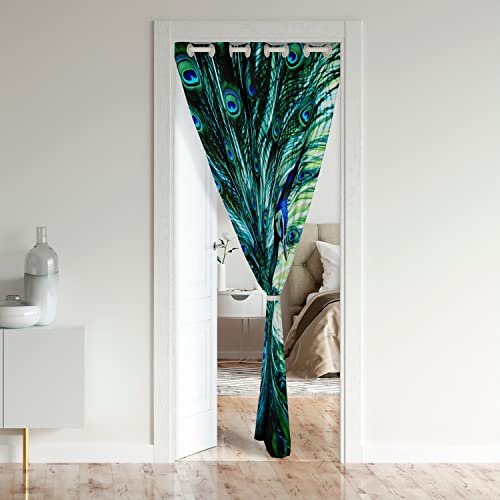 Peacock Door Curtain for Doorway Privacy 106x203cm Animal Theme Closet Door Cover Curtain for Bedroom Peacock Feathers Design Green Blue Natural Style 30%-50% Room Darkening Blackout Curtain - Image 2