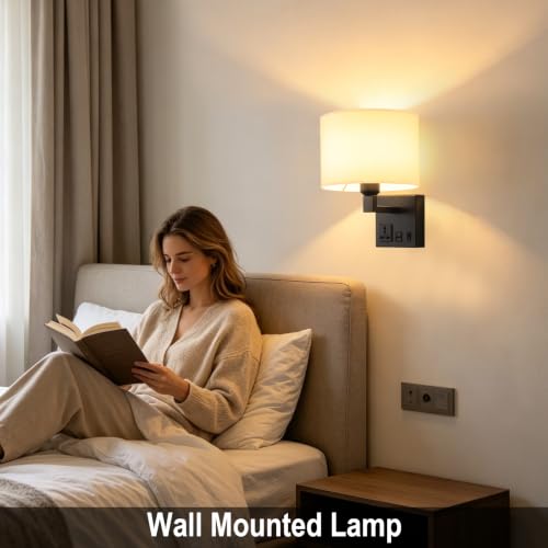 Image of Plug in Wall Sconce, Wall Lamp with Black Base Cylindrical Shape | Wall Lamps for Bedroom Living Room Hotel, Dimmable 1pcs Bulb Included, Bedside Lamp with AC Outlet & USBA+C Charging Port