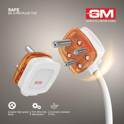 Image of GM 6A 3-Pin Plug Top, Heavy Duty Electrical Plug, Shock Resistant Durable Build, Compact Lightweight Design, Easy Assembly, Standard Indian Socket Compatible, Safe & Reliable Power Solution