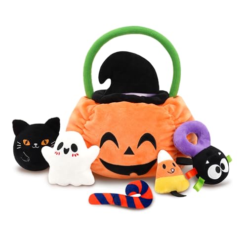 My First Halloween Baby Toys, Cute Pumpkin Stuffed Animal with Ghost Spider Black Cat Candy Corn Plush Toys for Baby Boys Girls, Halloween Plush Gifts Basket Party Favors for Kids Babies Toddlers