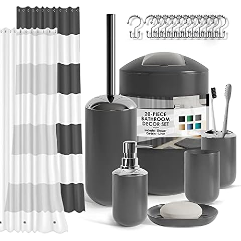 Clara Clark Bathroom Set - Gray Bathroom Accessories Set, 20PC Bathroom Accessory Set, Shower Curtain Set with Liner, Toothbrush Holder, Soap Dispenser, Soap Dish, Toilet Brush Holder, and Trash Can Cover