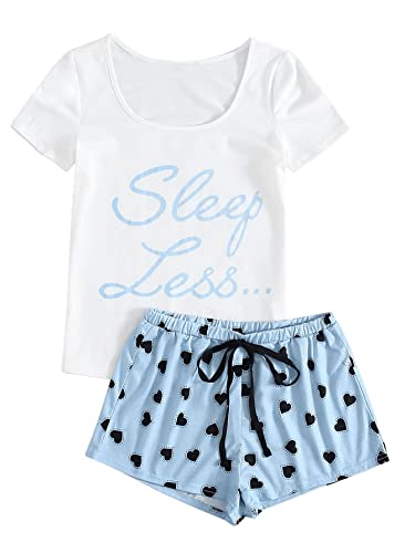 Image of Women's Graphic Print Tee Shirt and Heart Print Shorts Pj Set Sleepwear