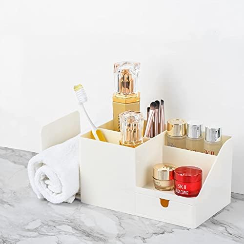 Shoccolt Desk Organizer with Bookshelf White Desktop Organizers and Accessories Bookends Multifunctional Office Stationary Organizer with Drawer Plastic Makeup Storage Box (Small, Beige)