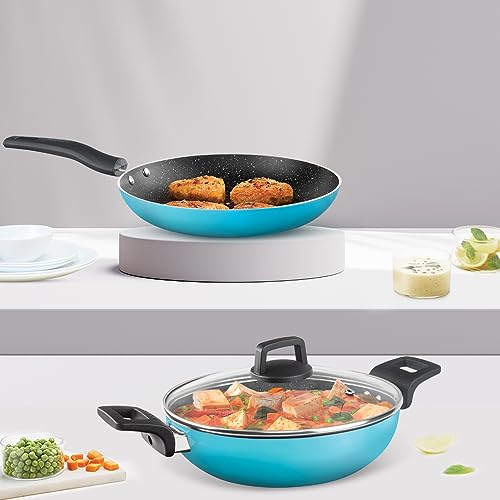 Image of Borosil Festive Glory Non-Stick Set of 3 Kadhai (24 cm), Fry Pan (24 cm) & 1 Lid, Gas Stove & Induction Compatible, Metal Spoon Friendly, Blue Exterior, Stir Fry Pan, Prantha Tava, Kadai for Deep Fry