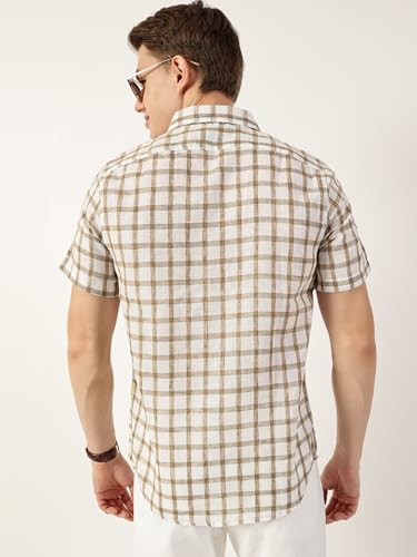 Image of Thomas Scott Men's | Checks | Half Sleeve | Slim Fit | Jute Linen | Spread Collar | Casual Shirt