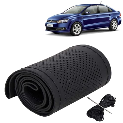 Image of KINGSWAY PU Leatherite Car Steering Cover Sewable Compatible with Volkswagen Vento (Year 2010-2017), Black Color with Black Thread, Pack of 1 with Sewing Needle and Thread