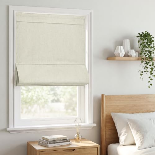 RYB HOME 100%Blackout Roman Shades for Windows, Linen Fabric No Drill Magnetic Blind with Adhesive Tape, Thermal Insulation Cordless Roman Blind for Bedroom Window/French Door, W26xH64, Beige, 1 Panel