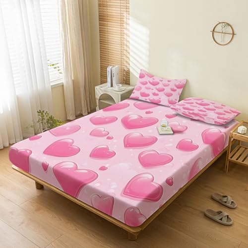 Generic Pink Love Heart Fitted Sheet Single Bed, with 1 Pillowcase -...