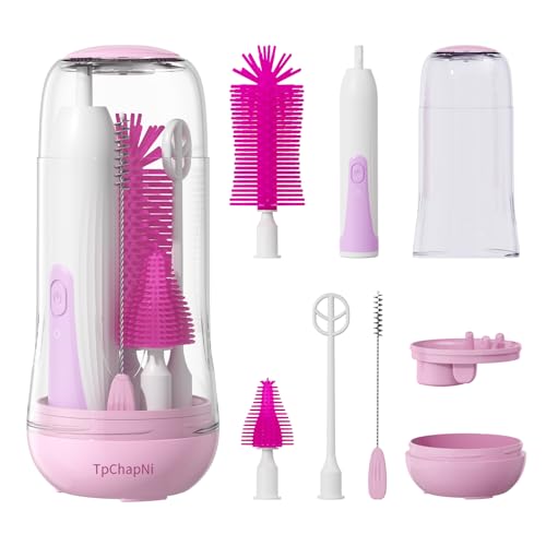Image of TpChapNi Electric Travel Baby Bottle Brush Set, Electric Bottle Brush Cleaner, Silicone Bottle, Nipple and Straw Brush, Stirring Disperser, Drainage Rack, Storage Box (Purple)