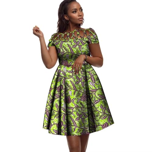 Image of XIAOHUAGUA African Dresses for Women Cotton Cutout Neck Short Sleeve Ankara Dashiki Cocktail Party A-Line Flare Dress