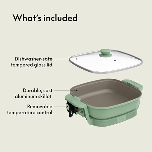 Image of bella Make & Take Electric Skillet, Fits-anywhere kitchenware, EverGood Ceramic Coating, Adjustable Temperature & Dishwasher-Safe Tempered Glass Lid, Cast Aluminum Base, 1200 Watt, Seaglass