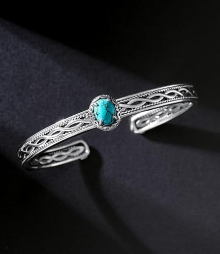Native American Genuine Turquoise Bracelet Cuff for Women 925 Sterling Silver Oval Gemstone Adjustable Bangle Boho Style Jewelry for Wife Mom4