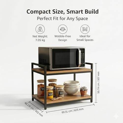 Image of Amazon Brand - Solimo Multi-Purpose Microwave Stand for Kitchen | OTG & Oven Rack | Engineered Wood & Metal Storage Organizer | Brown | 60.5 x 40.2 x 50.7 cm