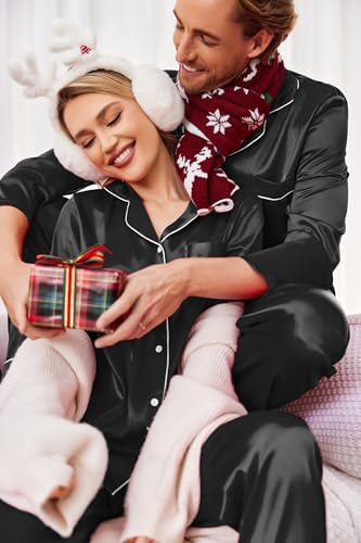 Image of Ekouaer Couples Matching Pajamas Silk Long Sleeve Sleepwear Satin Pjs Set