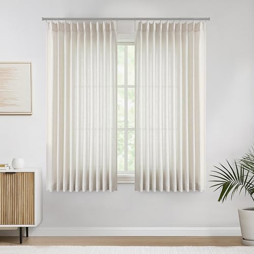 Image of Vision Home Natural Pinch Pleated Semi Sheer Curtains Textured Linen Blended Light Filtering Window Curtains 72 inch for Living Room Bedroom Patio Pinch Pleat Drapes with Hooks 1 Panel 60 inch Wx72 L