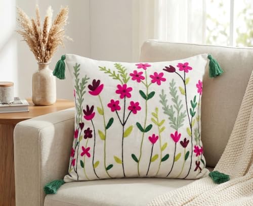 Image of Furnistitchs Handmade Cotton Bohemian Home Decor Cushion Cover 24x24 inches / 60x60 cms - Boho Chic Couch Sofa Throw Living Room Bedroom Cushions (1, Wildflowers)
