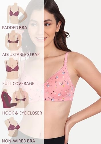Image of Women Flower Printed Padded Bra - Made of Pure Cotton Full Coverage Non Wired Soft Cup for T-Shirt Saree Dress for Everyday