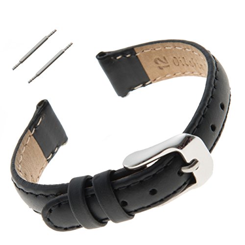 Gilden 10-14mm Water-Resistant Oilskin Black Leather Ladies Watch Strap MSW63-0112 (12 Millimeter end Width, Black, Silver-Tone Buckle)