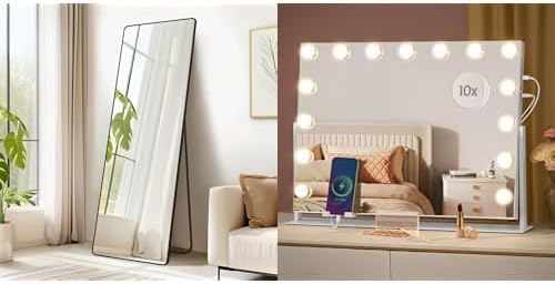 SONGMICS Rectangular Full Length Mirror Bundle with Makeup Mirror, Aluminum Alloy Frame Floor Mirror, 15 LED Bulbs, with Charging Ports, Ink Black and Matte White ULFM030B01 and ULWMO01W01V1