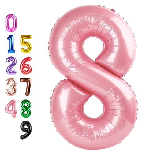 Image of 8 Balloon 40 inch Pink Number Balloons for 8 Birthday Party Decorations | Saturated Color, Large 40 in, With Straw & Hanging Hole, For Back-to-School Season, Wedding, Christmas, New Year, Anniversary
