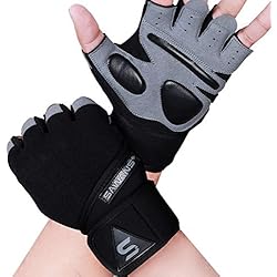 Guantes de Gimnasio Entrenamiento de Levantamiento de Pesas Hombre y Mujere Soporte muñeca Acolchado Extra Agarre protección Ejercicio Colgar dominada (Correas largas para la muñeca, L)