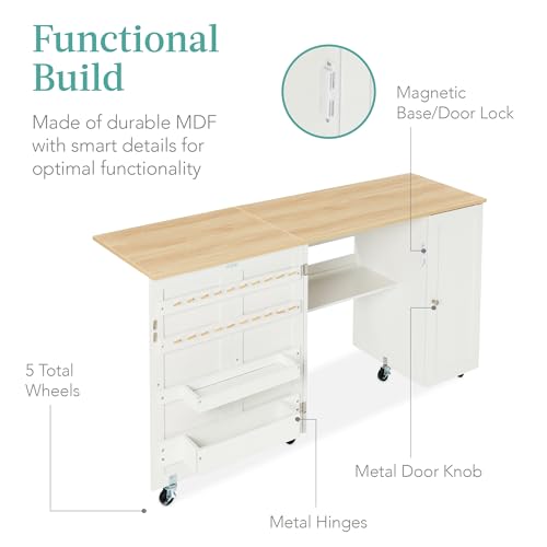 Best Choice Products Large Folding Sewing Table, Multipurpose Portable Craft Station & Side Desk w/Compact Design, Caster Wheels, Storage Shelves, 2 Storage Trays, Magnetic Doors - Natural/White - Image 6