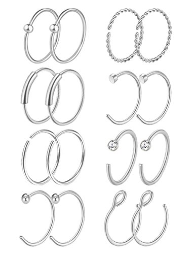 Masedy 16Pcs 20G 316L Stainless Steel Nose Rings Hoop Tragus Cartilage Helix Ring Lip Septum Piercing Silver 8MM