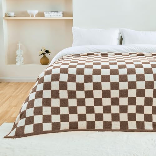 Image of CozeCube Brown White Reversible Checkered Knit Throw Blanket 50 inchx60 inch
