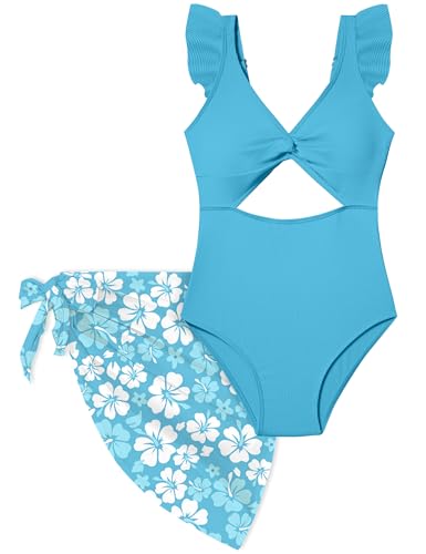 Image of Girls One Piece Swimsuit Cut Out Ruffle Bathing Suit Twist V Neck Swimwear Solid Color with Cover Up Skirt 9-16T