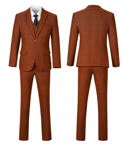 Image of Retro 3 Piece Suit Tweed Herringbone Men's Suits Slim Fit Jacket Vest Pant | Tweed Wool Blend Retro 3 Piece Suit Herringbone Men's Suits Vintage Wedding Groom Tux Set Dress Prom Single Breasted Jacket