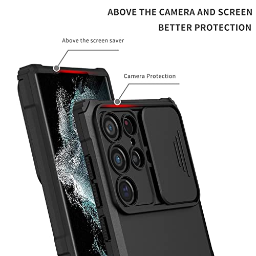 Image of ShieldTech Back Cover Case for Samsung Galaxy S22 Ultra 5G | Sliding Camera Shield | Stereoscopic Stand | Shockproof 360 Protection | PC + TPU Hybrid Mobile Phone Case for Samsung S22 Ultra | Black