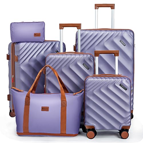 Image of 6 piece Luggage Set Expandable Suitcase 22x14x9 Airline Approved Carry on, ABS Hard Case Suitcases with Spinner Wheels, TSA Lock, (Purple)