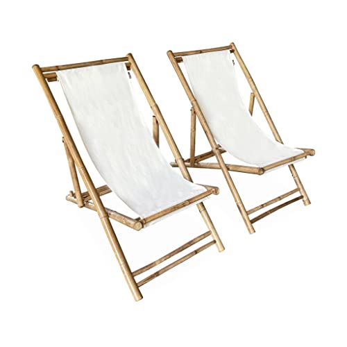 Alice's Garden - Lot de 2 chiliennes en Bambou. Toile Naturelle Polyester et Coton. Davao L110 x P60 x H94cm