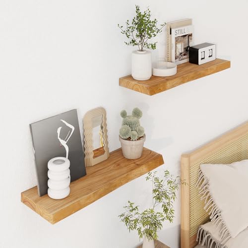 Image of Axeman 24 inch Floating Shelves for Wall Live Edge, Natural, 2PCs | 8'' D Rustic Solid Elm Wood, Wall Mounted, Invisible Bracket, Living Room Bedroom Kitchen