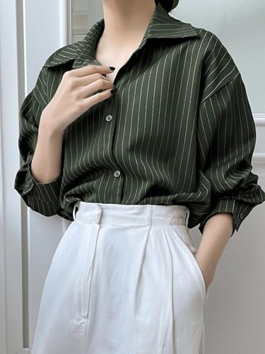 Image of GRECIILOOKS Striped Shirt for Women | Korean Style Full Sleeve Oversized Button Down Shirts | Tops for Women | Shirt for Woman | Plus Size Top for Office & Casual Outfit