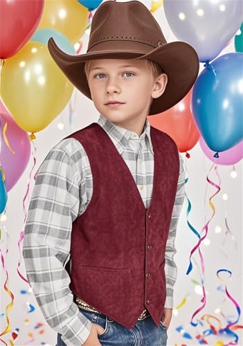 Boys Vintage Vest Western Style Faux Suede Leather Waistcoat for Cowboy Kids Daily Casual Retro Dresswear4