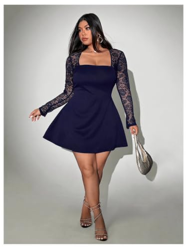 Image of Floerns Women's Plus Size Lace Sheer Long Sleeve Square Neck Mini Dresses