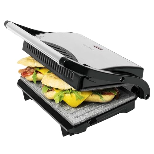 Cecotec Parrilla Eléctrica con Grill Rock'n Grill.1000W, Superficie 23x14.5cm, RockStone Antiadherente, Libre de PTFE, PFOA, Placa Flotante, Asa Tacto Frío, Indicador Luminoso, Almacenamiento Vertical