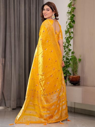 Image of ALMAARI FASHION Fendy Satin Foil Print Floral Saree with Tassels, Traditional Butti Motifs, 5.5m with 0.8m Blouse (FOIL 102 YELLOW H)
