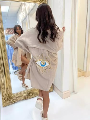 XPONNI Long Sleeve Linen Button Down Shirt Women Oversized Sequin Evil Eye Shirts Dress Beach Cover Ups Summer 20244