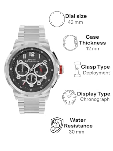 Image of French Connection L'Aigle Chronograph Date Black Round Dial Stainless Steel Strap | Casual | Premium | Texture Feature Wrist Watch for Men - FCM04BSM