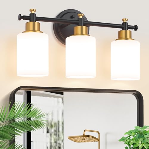 Image of 3-Light Bathroom Vanity Light, Black and Gold Vanity Lights for Bathroom with Milky White Glass Shade, Vanity Light Fixture Over Mirror, Modern Style, 16 Inch Compact, E26 Base