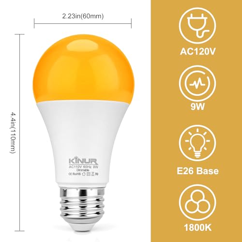 KINUR LED Amber Dimmable Light Bulbs, A19, 9W, 1800K, E26 Base - image 4