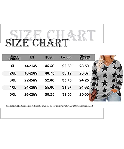 CARCOS Plus Size Tops for Women 4X Star Print Shirts V Neck Long Sleeve Tunics Casual Grey Pullover Sweatshirts 4XL 24W 26W