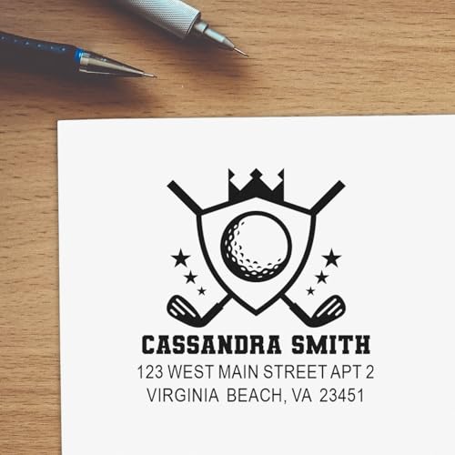 Image of Self Inking Address Stamper Golf Champion Crest - Custom Address Stamp | Golf Address Stamp. Choice of 11 ink colors. Office Address Stamper. Engraved after you order. One household per die.