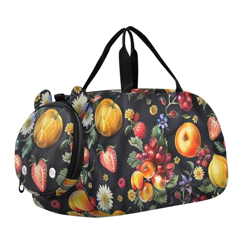 Fruit Pattern Black Duffle Bag for Girl, Sports Duffle Gym Bags with Shoe Compartment, Personalized Overnight Bag Travel Weekender for Kids