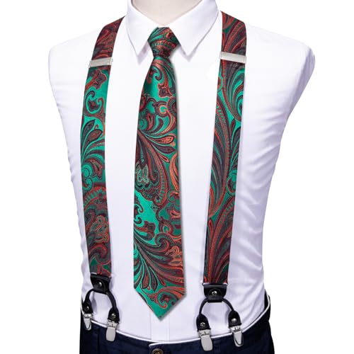Image of Barry.Wang Men Suspender Set with Necktie Elastic Y Type Heavy Duty 6 Clips Braces Tie Handkerchief Cufflink Pin 6PCS