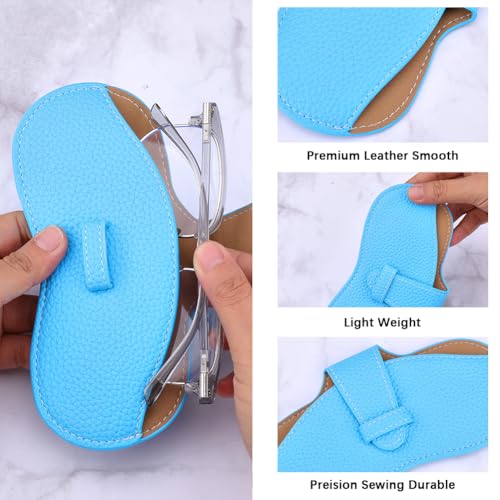 Image of CREATCABIN Leather Sunglasses Case Portable Slim Glasses Case Soft Eyeglasses Spectacle Cases Pouch Bag Cover Lightweight with Cleaning Cloth Gifts for Women Men Travel Vacation 6.9x3.4 Inch Sky Blue